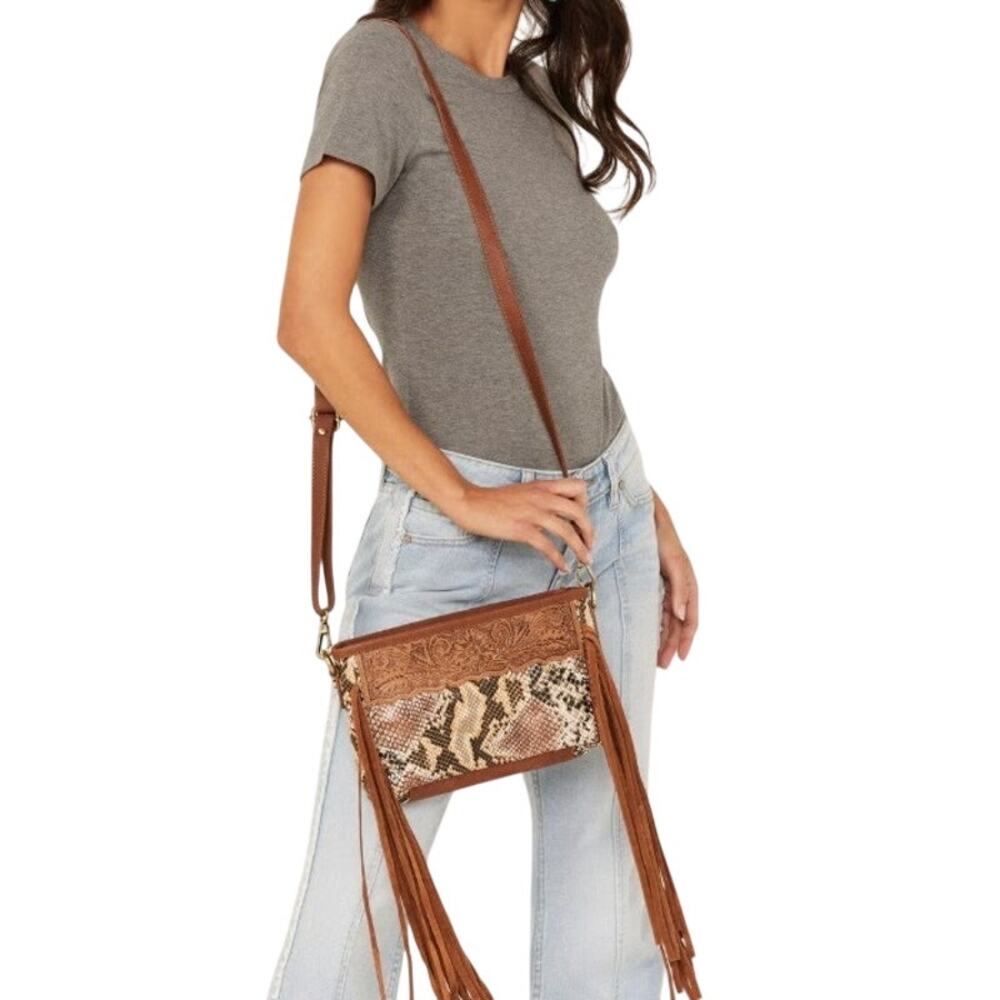 Shyanne Leather Snake Print Fringe Crossbody Bag Purse Western Country Concert